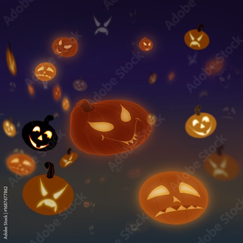 Floating pumpkin heads in the dark evening sky with ghostly eyes.