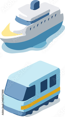 An isometric illustration of a cruise ship and a modern train, representing public transportation and travel by sea and land.