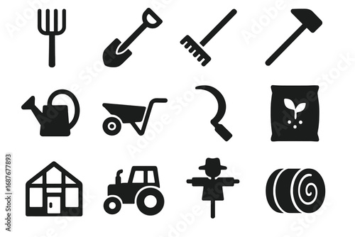 Farming Tools Icons. Solid style icons of farming tools: pitchfork, shovel, rake, hoe, watering can, wheelbarrow, sickle, seed bag