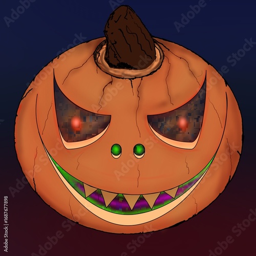 Pumpkin head with evil digital glitch eyes and mouth glowing for Halloween