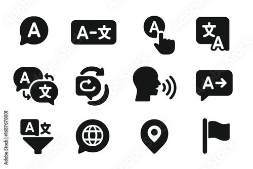 Multilingual Chat Icons. Solid style icons of multilingual chat: translate message, auto-translate toggle, language tag, language