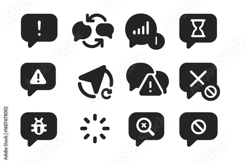 Chat Troubleshooting Icons. Solid style icons of chat troubleshooting: message failed, reconnecting icon, no signal, connection