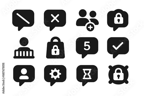 Comment Control Icons. Solid style icons of comment access control: disable comments, close thread, invite-only reply, read-only