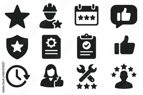 Service Review Icons. Solid style icons of service reviews: service star, technician rating, appointment feedback, customer
