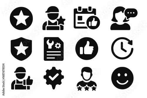 Service Review Icons. Solid style icons of service reviews: service star, technician rating, appointment feedback, customer