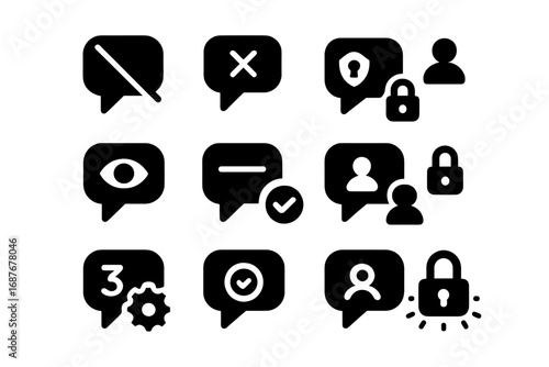 Comment Control Icons. Solid style icons of comment access control: disable comments, close thread, invite-only reply, read-only