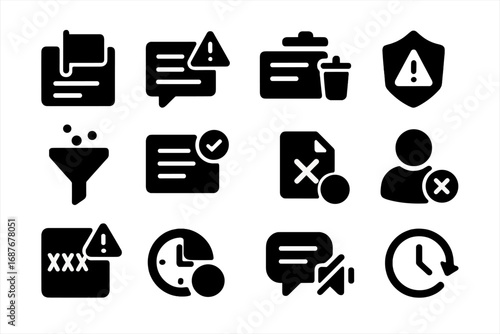 Review Moderation Icons. Solid style icons of review moderation: flagged review, reported comment, delete review, warning badge,