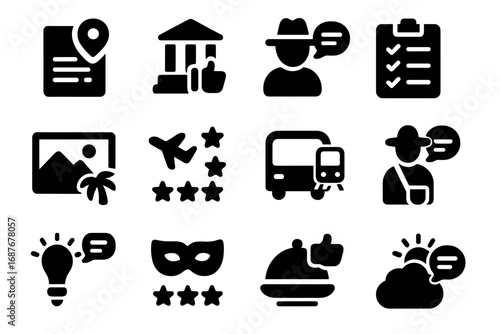 Solid Travel Icons. Solid style icons of travel reviews: destination feedback, attraction rating, travel blog comment, itinerary