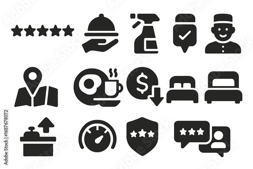 Hotel Rating Icons. Solid style icons of hotel ratings: star class, service quality, room cleanliness, staff friendliness,