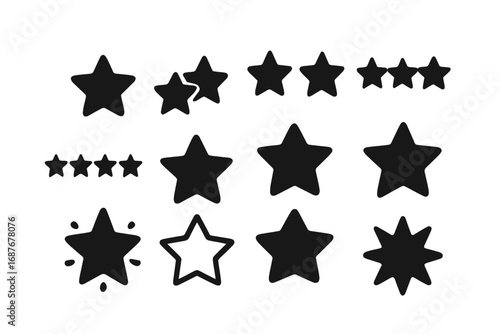 Star Icon Variations. Solid style icons of star variations: one star, two stars, three stars, four stars, five stars, half star,
