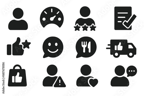 Customer Feedback Icons. Solid style icons of customer feedback: client message, satisfaction meter, rating stars, survey reply,