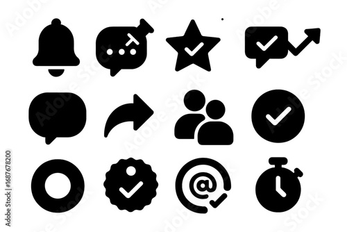 Poll Engagement Icons. Solid style icons of poll engagement features: notification bell icon, pinned poll bubble, featured vote