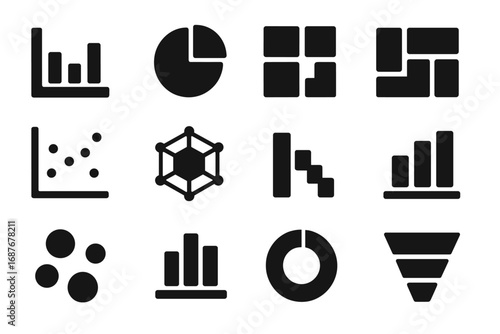 Data Visualization Icons. Solid style icons of data visualization types: bar graph, pie chart, heatmap icon, scatter plot, radar