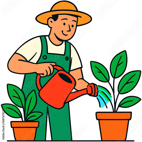 An illustration of a happy man engaged in his gardening hobby, nurturing houseplants in pots and promoting healthy growth with water