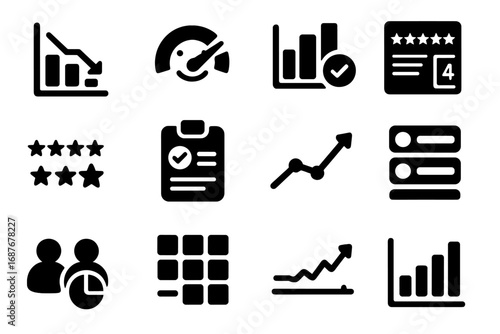Survey Statistics Icons. Solid style icons of survey statistics: response rate graph, satisfaction meter, poll results bar,