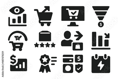 E-commerce Analytics Icons. Solid style icons of e-commerce analytics: product views chart, add-to-cart rate, checkout conversion