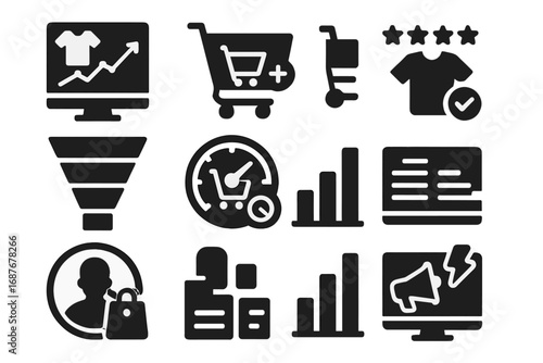 E-commerce Analytics Icons. Solid style icons of e-commerce analytics: product views chart, add-to-cart rate, checkout conversion