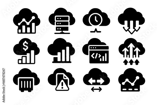 Cloud Analytics Icons. Solid style icons of cloud analytics: data usage chart, server uptime graph, latency meter, request rate