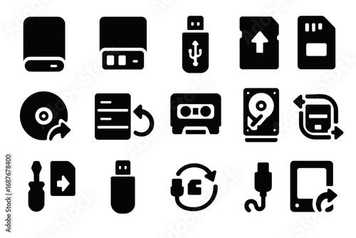Backup Device Icons. Solid style icons of external backup devices: portable HDD, backup NAS, USB archive stick, memory card backup