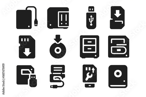 Backup Device Icons. Solid style icons of external backup devices: portable HDD, backup NAS, USB archive stick, memory card backup