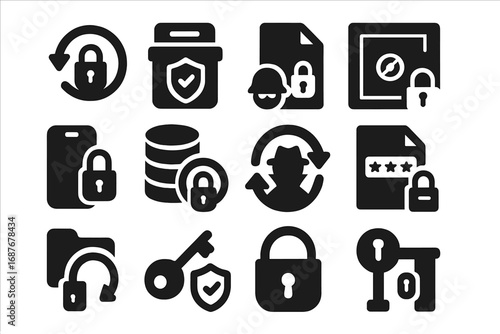 Secure Backup Icons. Solid style icons of backup encryption and security: lock on backup icon, shielded archive, encrypted restore