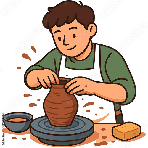 Young Potter Shaping Clay on a Wheel A Delightful Illustration