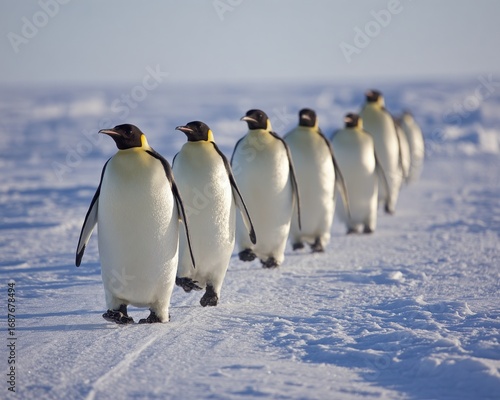 Group of Emperor Penguins Walking on Snowy Landscape in Antarctica