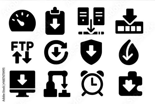 Download Utility Icons. Solid style icons of download utilities: accelerator icon, manager software icon, mirror download icon,
