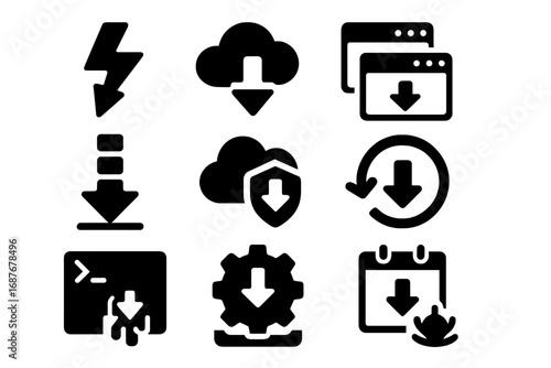 Download Utility Icons. Solid style icons of download utilities: accelerator icon, manager software icon, mirror download icon,