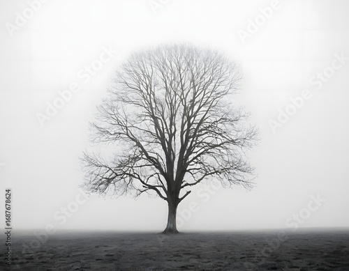 Black and White Solitary Tree in a Foggy Field - Minimalist Nature Art