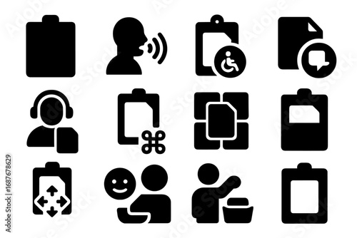Accessible Paste Icons. Solid style icons of user interface and accessibility paste: large paste button, voice-assisted insert,