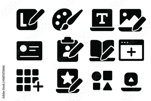 Branding Icons Collection. Solid style icons of branding and identity editing: logo with pencil icon, brand color update,