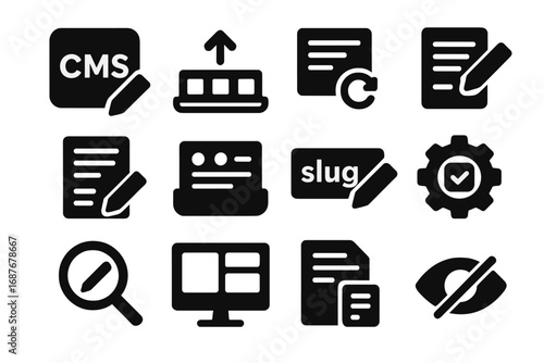 Content Management Icons. Solid style icons of content management editing: CMS block edit, content zone tray, field update icon,