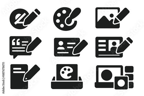 Branding Icons Collection. Solid style icons of branding and identity editing: logo with pencil icon, brand color update,