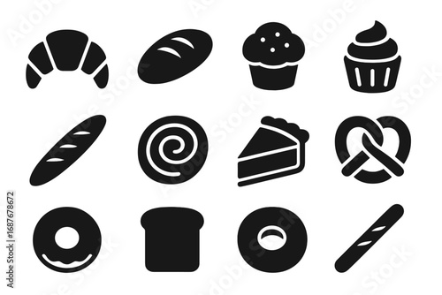Bakery Icons Collection. Solid style icons of bakery products: croissant, loaf of bread, muffin, cupcake, baguette, cinnamon roll,