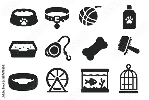 Pet Care Icons. Solid style icons of pet care: food bowl, dog collar, cat toy, pet shampoo, litter box, leash, chew toy, grooming