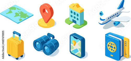 Isometric travel icons: map, location, hotel, airplane, suitcase, binoculars, phone, passport.