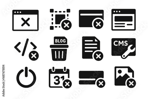 Web Content Removal Icons. Solid style icons of web content removal: webpage X icon, remove widget, delete popup, remove iframe,
