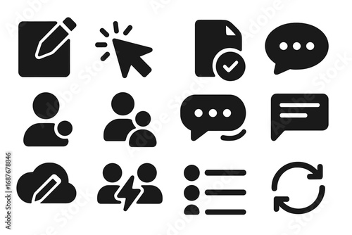 Real-Time Collaboration Icons. Solid style icons of real-time collaboration: live edit icon, shared cursor, online editing badge,