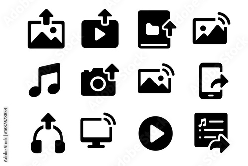 Media Sharing Icons. Solid style icons of media sharing: photo upload, video share icon, album with arrow, music note share,