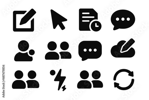 Real-Time Collaboration Icons. Solid style icons of real-time collaboration: live edit icon, shared cursor, online editing badge,
