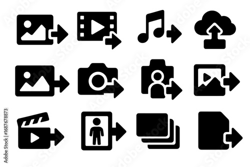 Media Export Icons. Solid style icons of media export: photo with arrow, video file export, music export icon, media share to