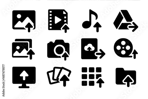Media Export Icons. Solid style icons of media export: photo with arrow, video file export, music export icon, media share to