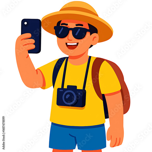 Enthusiastic Tourist Capturing Travel Memories with Smartphone