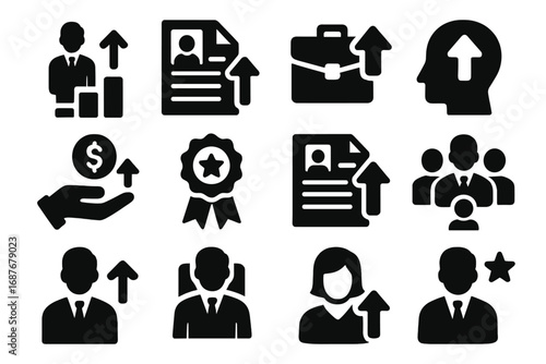 Career Growth Icons. Solid style icons of career and job upgrades: promotion icon, resume level-up, job position boost, skill