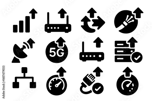 Network Upgrade Icons. Solid style icons of network upgrades: signal strength boost, router upgrade icon, bandwidth icon with