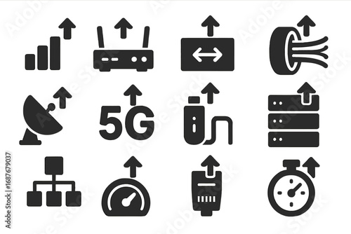 Network Upgrade Icons. Solid style icons of network upgrades: signal strength boost, router upgrade icon, bandwidth icon with