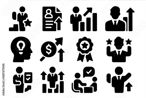 Career Growth Icons. Solid style icons of career and job upgrades: promotion icon, resume level-up, job position boost, skill