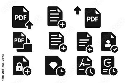 Document Icon Upgrades. Solid style icons of document and file upgrades: PDF tool upgrade, text editor enhancement, export option
