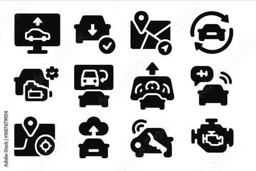 Vehicle Software Icons. Solid style icons of vehicle software upgrades: onboard system upgrade, car display firmware icon,
